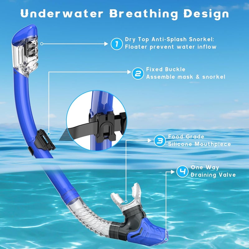 wutrye Snorkeling Gear for Adults, Dry Top Snorkel Mask Set, Diving Scuba Mask, Swimming Goggles with Nose Cover, HD Tempered Glass Panoramic Swim Freediving Anti-Leak Anti-Fog Travel Packages - Image 5